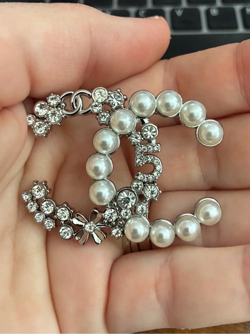 Pearl & Crystal Brooch - White Pearls with Silver Crystals